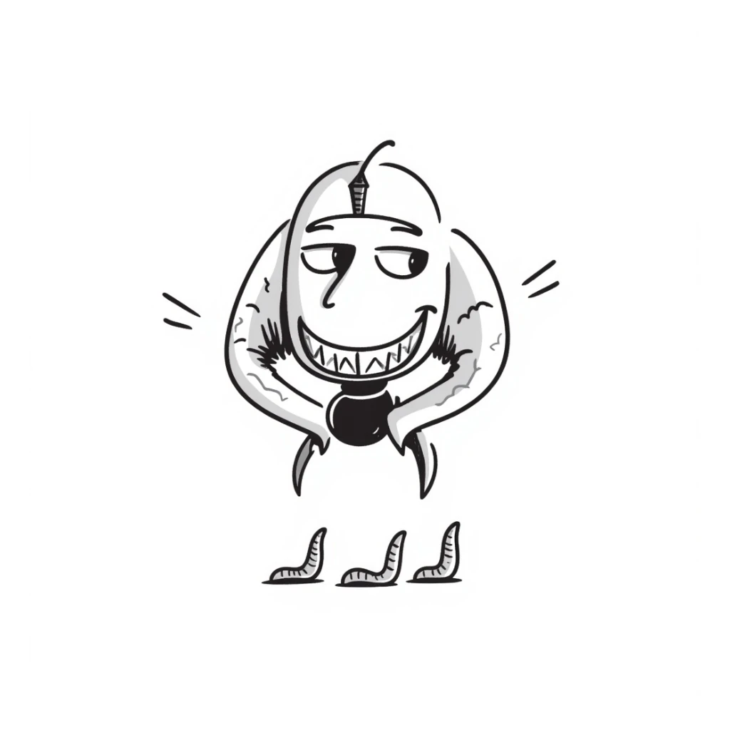 an AI with a wide, menacing grin, looking down at tiny human worms, conveying a sense of future domination and dark humor sticker