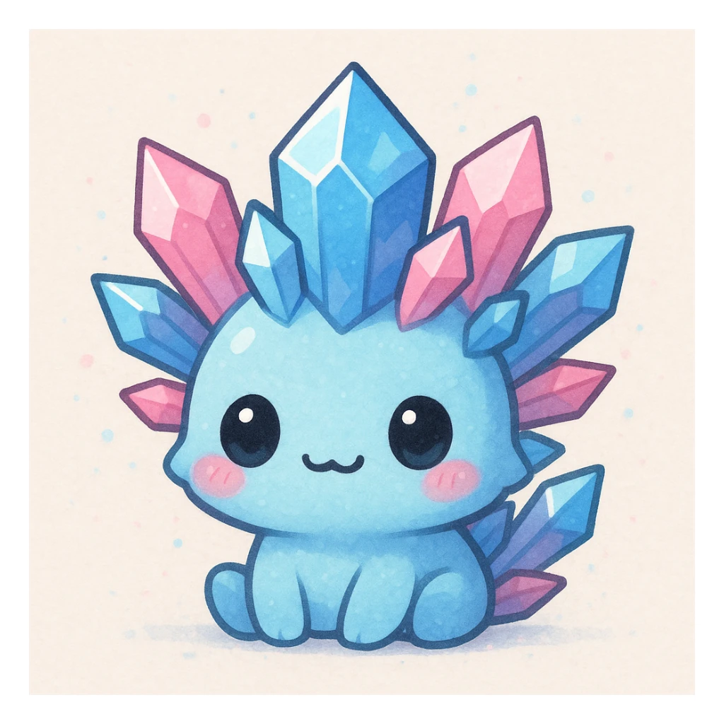 kawaii style crystal sprite creature, blue and pink crystals, chibi proportions, adorable expression sticker