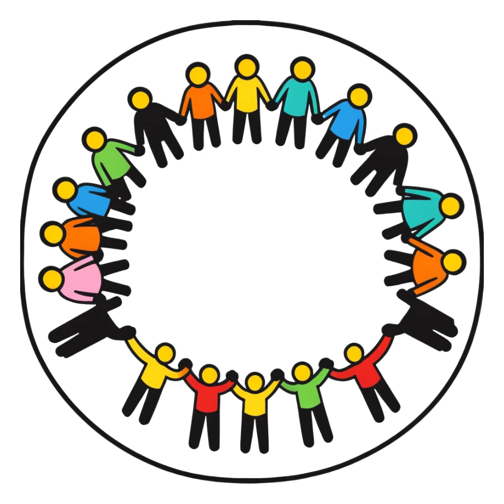 sticker style stick figure humans standing in a circle, holding hands, unity, cheerful sticker