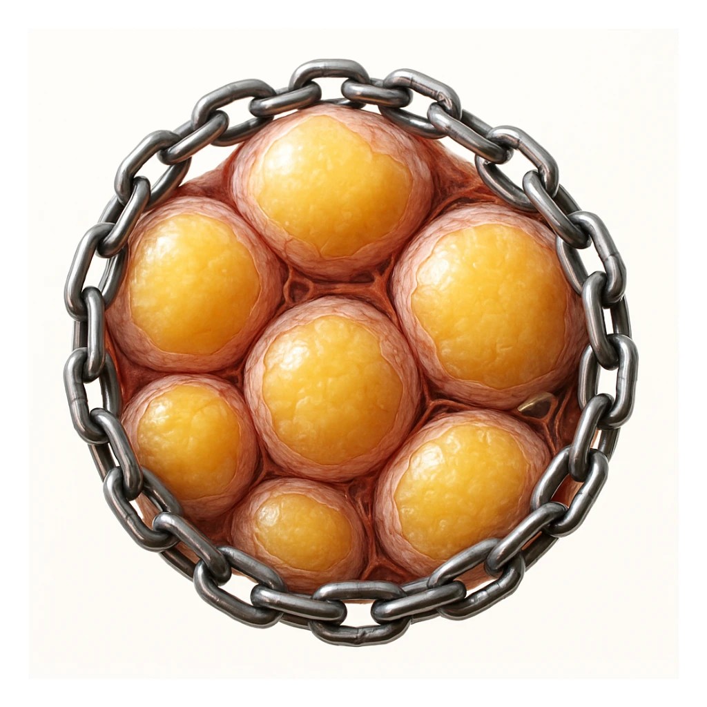 hyper realistic 4K cross section of adipocytes surrounded by chains preventing fat release, membrane details, white background sticker