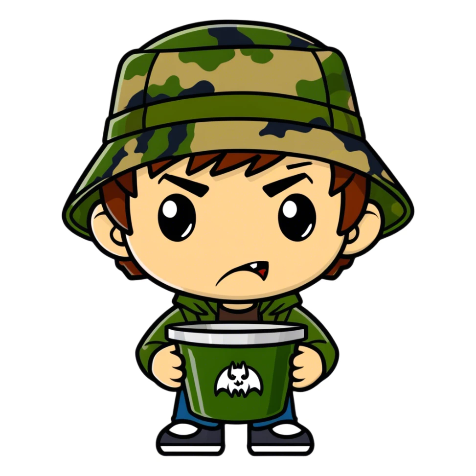 Vampire with brown hair and green eyes earring a camo bucket hat  sticker