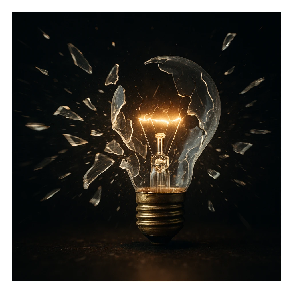 a shattered lightbulb with glass fragments flying outward, dynamic composition sticker
