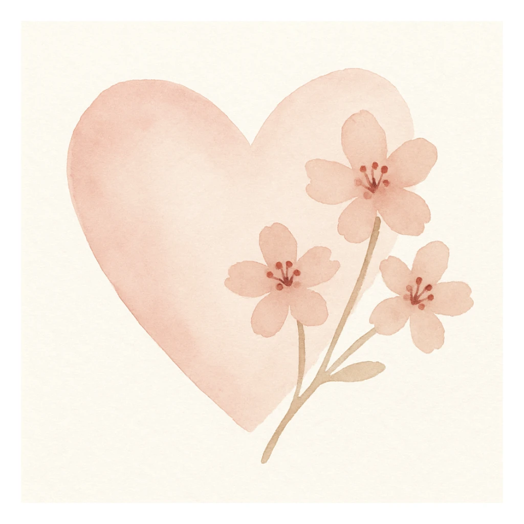 pink heart with sakura flowers, watercolor style, delicate and flowing sticker