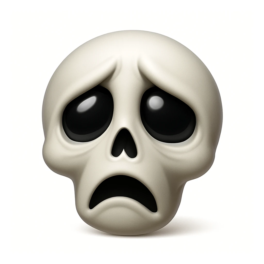 Make a sad skeleton face emoji exactly like the reference image, in iOS emoji style. Same expression, shape, and details, smooth and shiny. Add a soft shadow. sticker