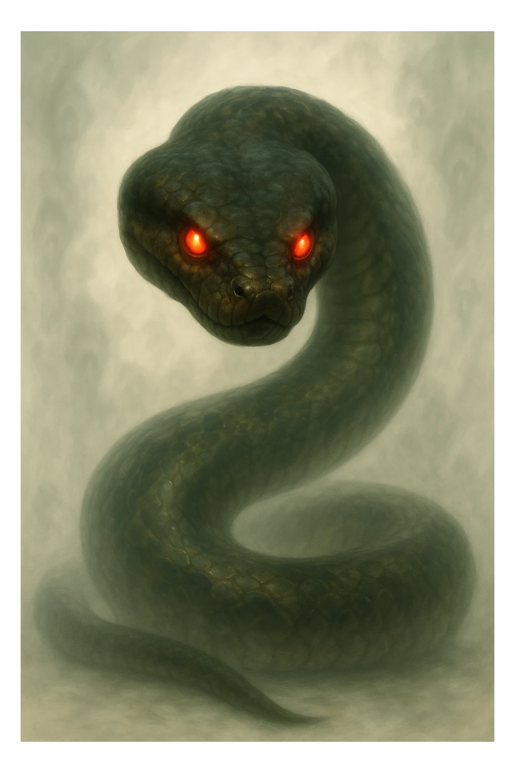 Transform the rat into an evil anaconda-type creature, menacing and serpentine, keeping the sinister, light-colored background and the hyper-realistic, soft, glowing art style. The creature should look menacing and serpentine with a glowing, hyper-realistic appearance and a soft light effect on a light-colored sinister background. sticker