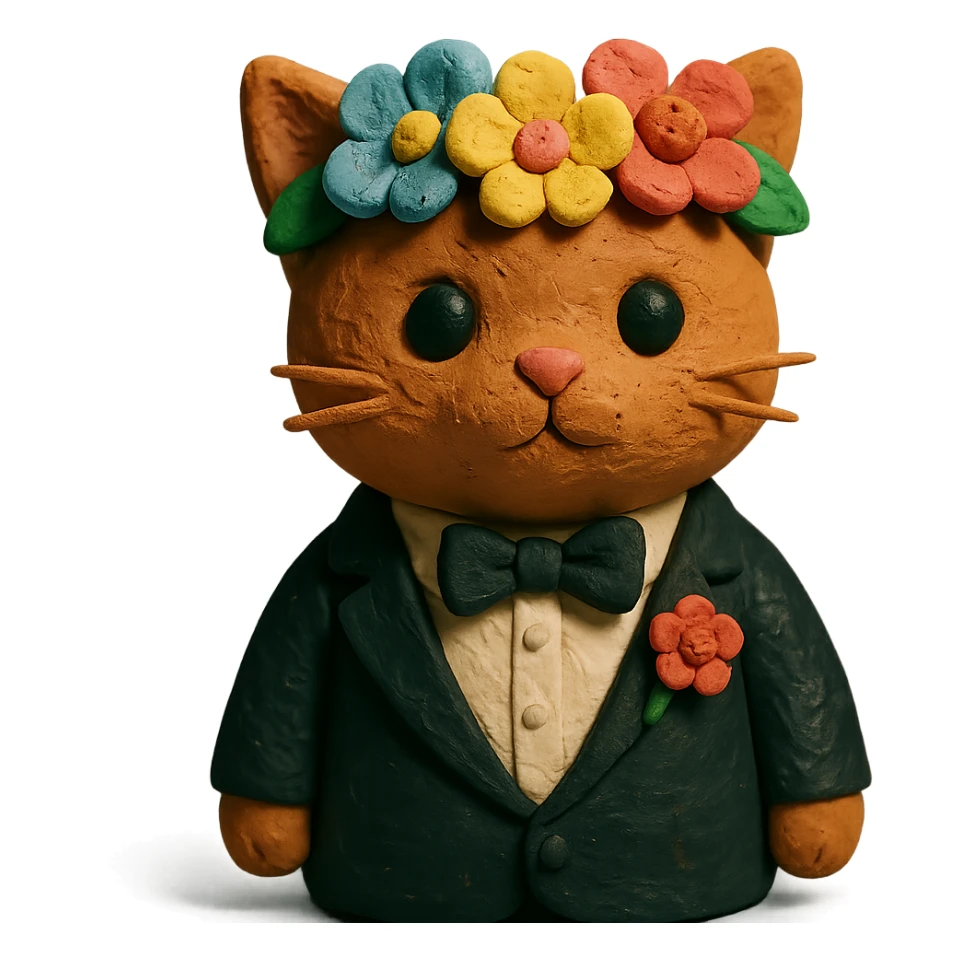 A kitten dressed in a tuxedo and wearing a flower crown sticker