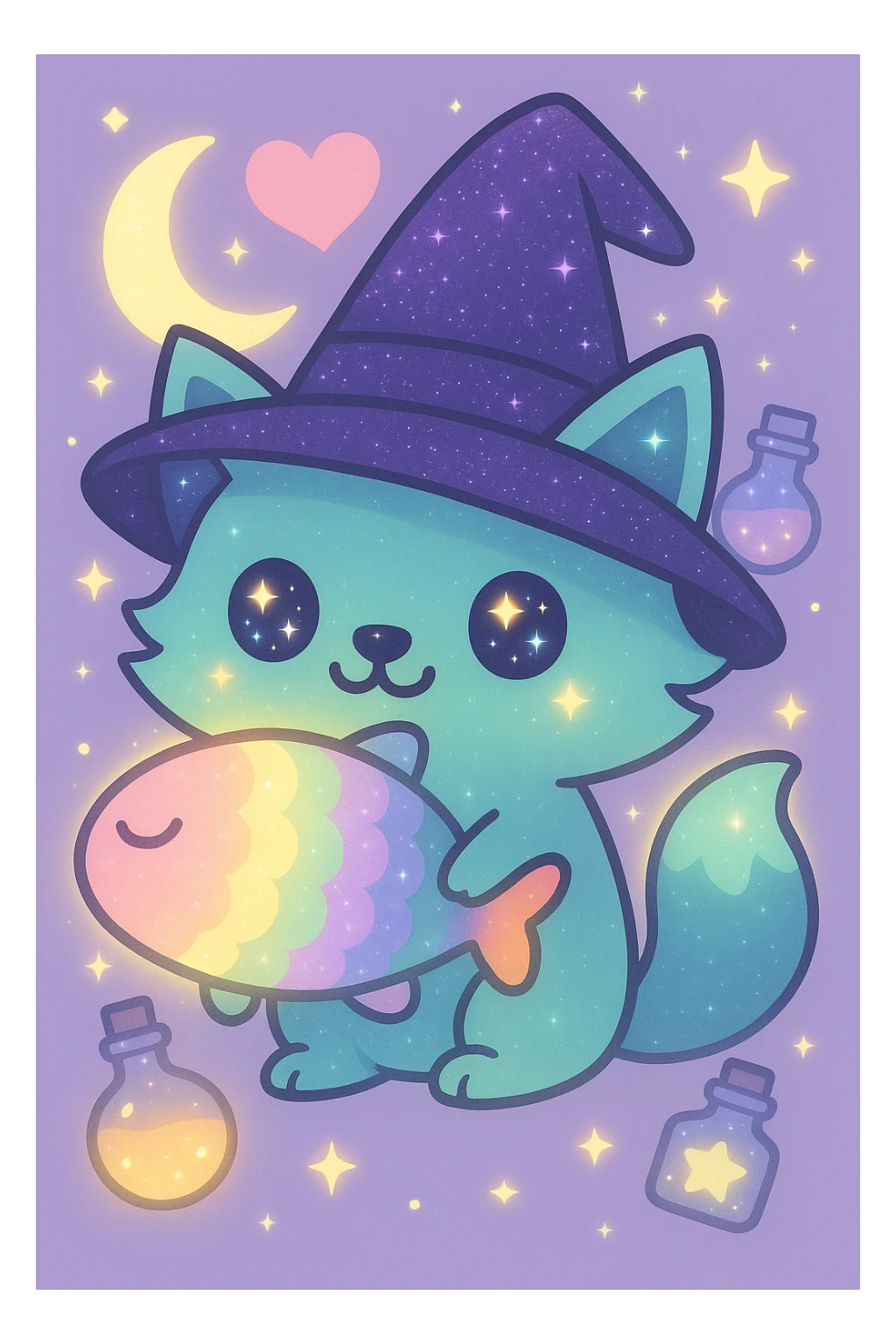 Make the rainbow fish glow with a magical aura and change the blue fox to a neon teal color, keep the purple sparkly witch hat, magical background, and big pink heart in kawaii cartoon style. sticker