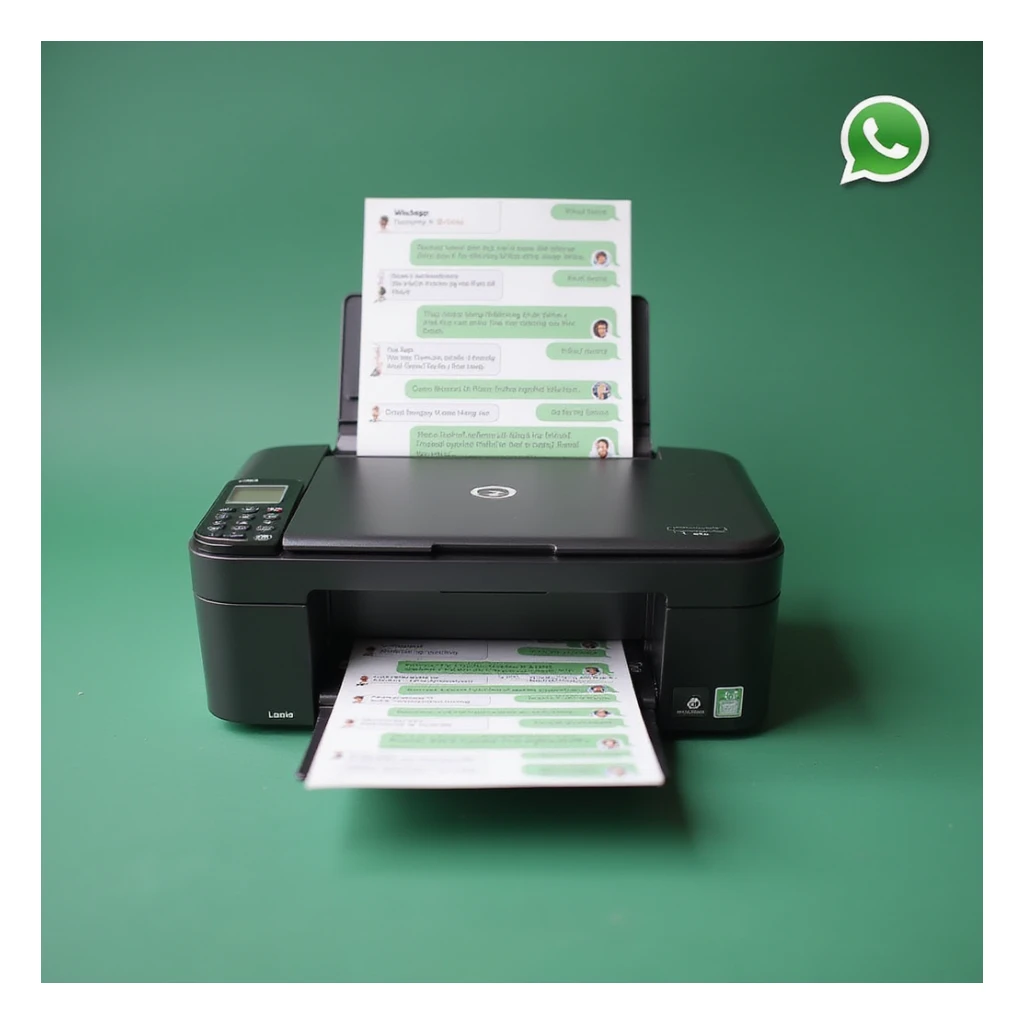 realistic thumbnail image for a WhatsApp print out service, featuring a printer outputting several pages of WhatsApp chat messages, with a phone and WhatsApp logo visible sticker
