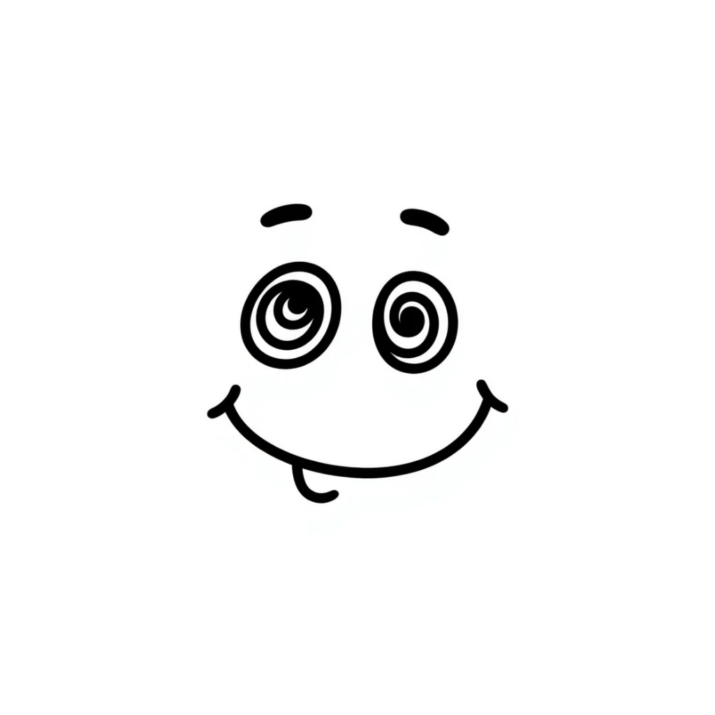 Hand-drawn cute derpy face with wobbly smile and swirly eyes sticker