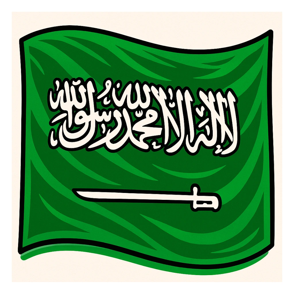 vibrant toon style bold green Saudi Arabia flag with stylized white script and sword sticker