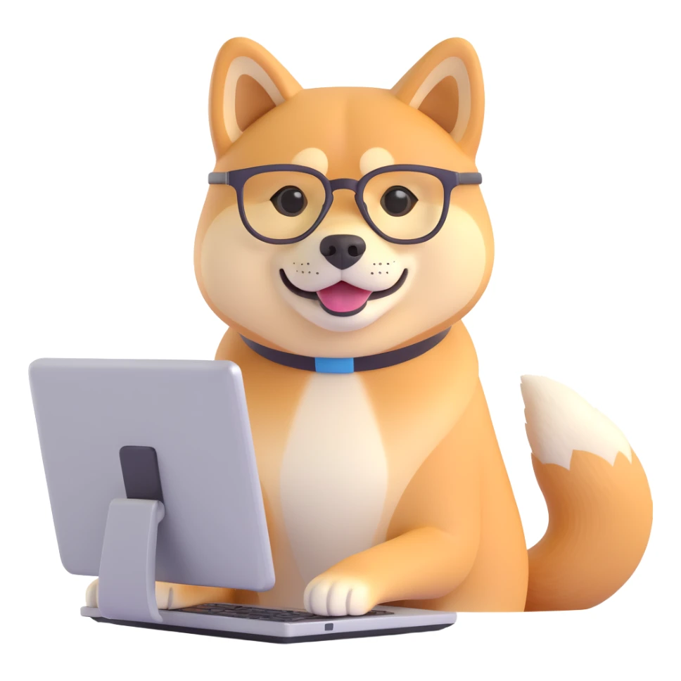 shiba inu with eye glasses and computer sticker