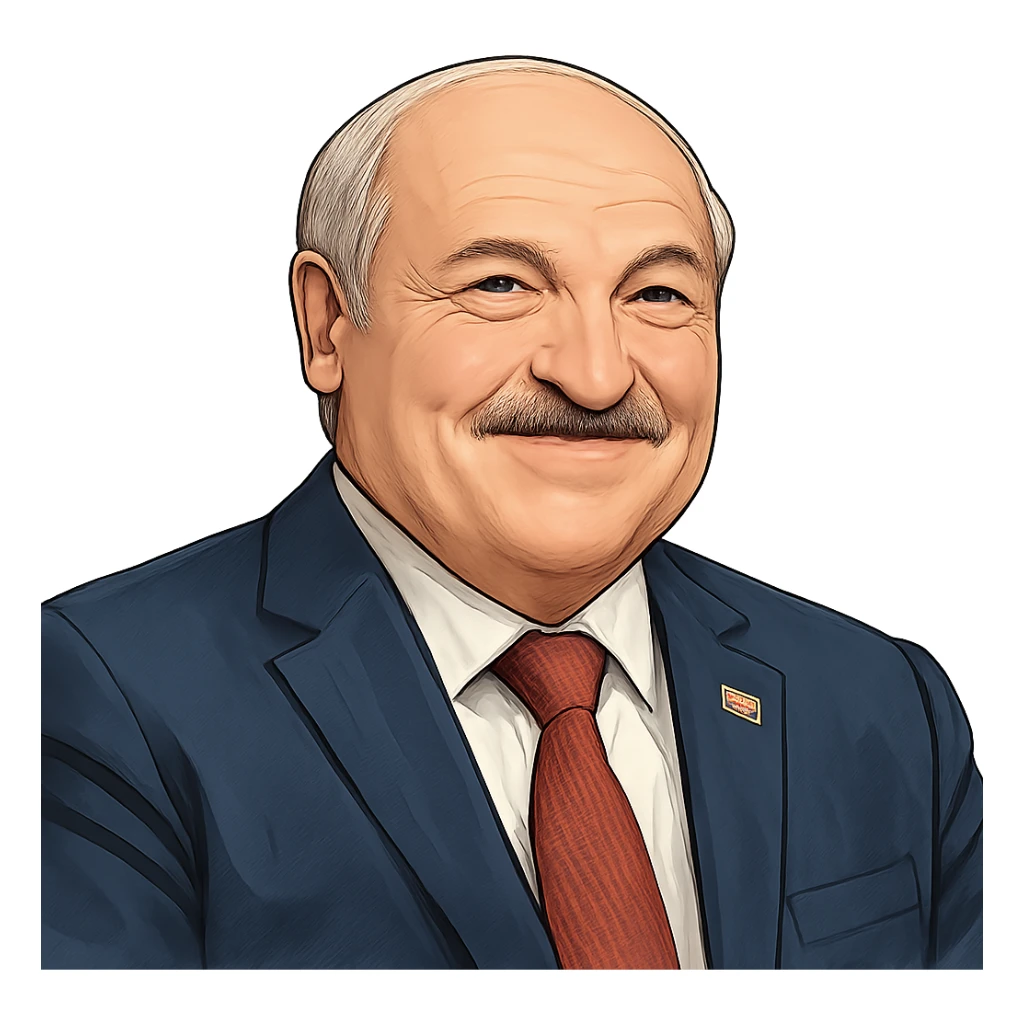 Александр Лукашенко в слегка рисованном, но при это объемный стиле, слегка улыбается, прозрачный фон sticker