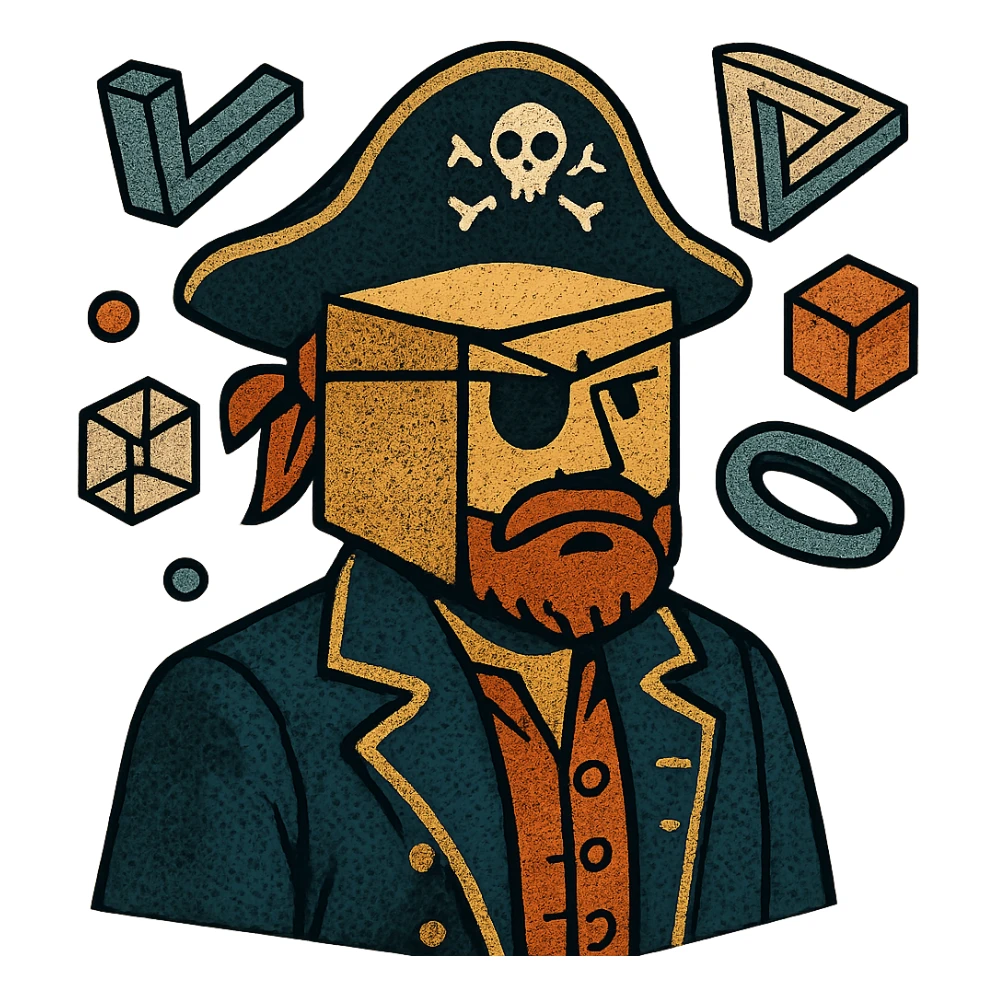 pirate captain with cube-shaped head, surrounded by floating geometric shapes and impossible objects, surreal bold comic style, no text sticker