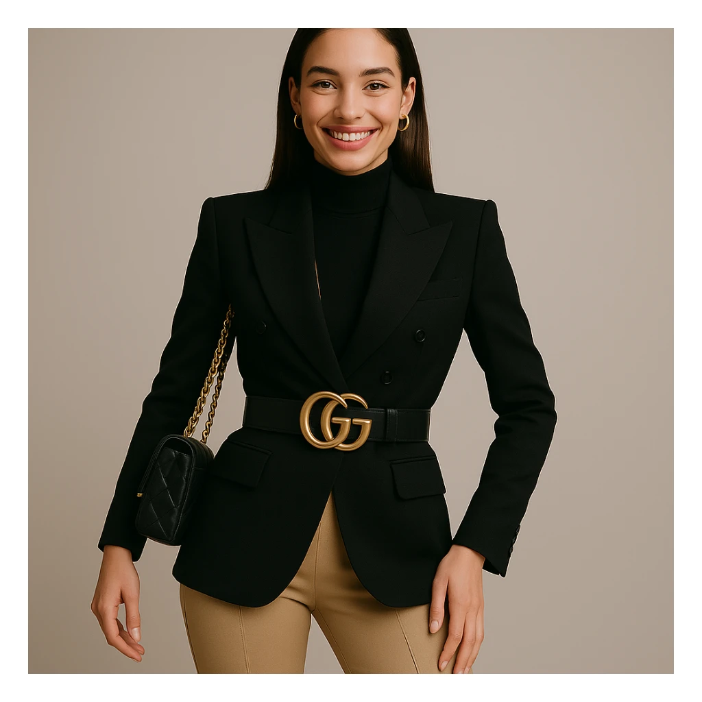 Make the woman smile while keeping her high-fashion look. Maintain thin eyebrows, straight dark hair, big lips, and a shapely figure. Preserve the overall elegance and style of the image. sticker