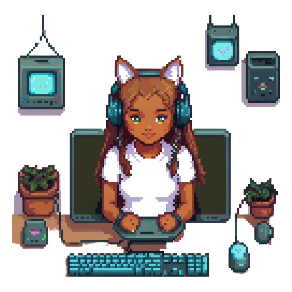 girl with cat headphones at a desk, light brown skin, focused on computer pixel art sticker