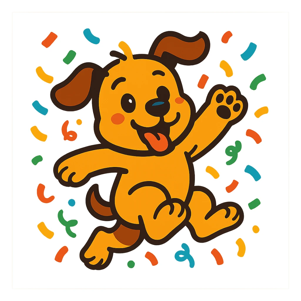 puppy jumping in confetti with paw up, vibrant-toon style sticker
