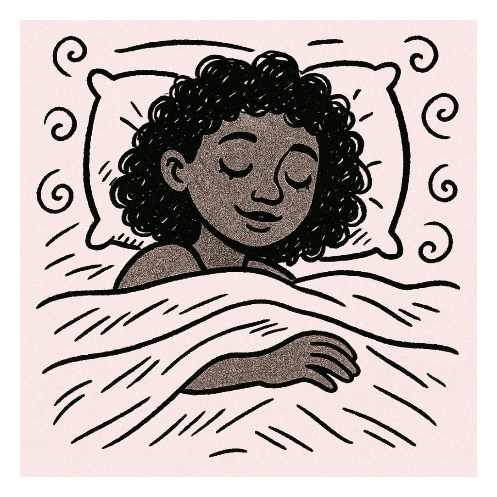 dark skin girl sleeping under pink covers, black doodle style sticker