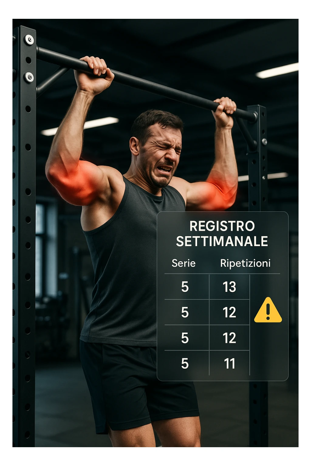 a man in gym attire performs pull-ups on a bar, with his elbows highlighted in bright red to indicate inflammation. A digital overlay shows a weekly training log with high numbers of sets and reps, and a warning icon appears next to the log. The man’s face shows pain and fatigue. The background is a modern gym, emphasizing the link between excessive training volume and injury. scritto in italiano sticker