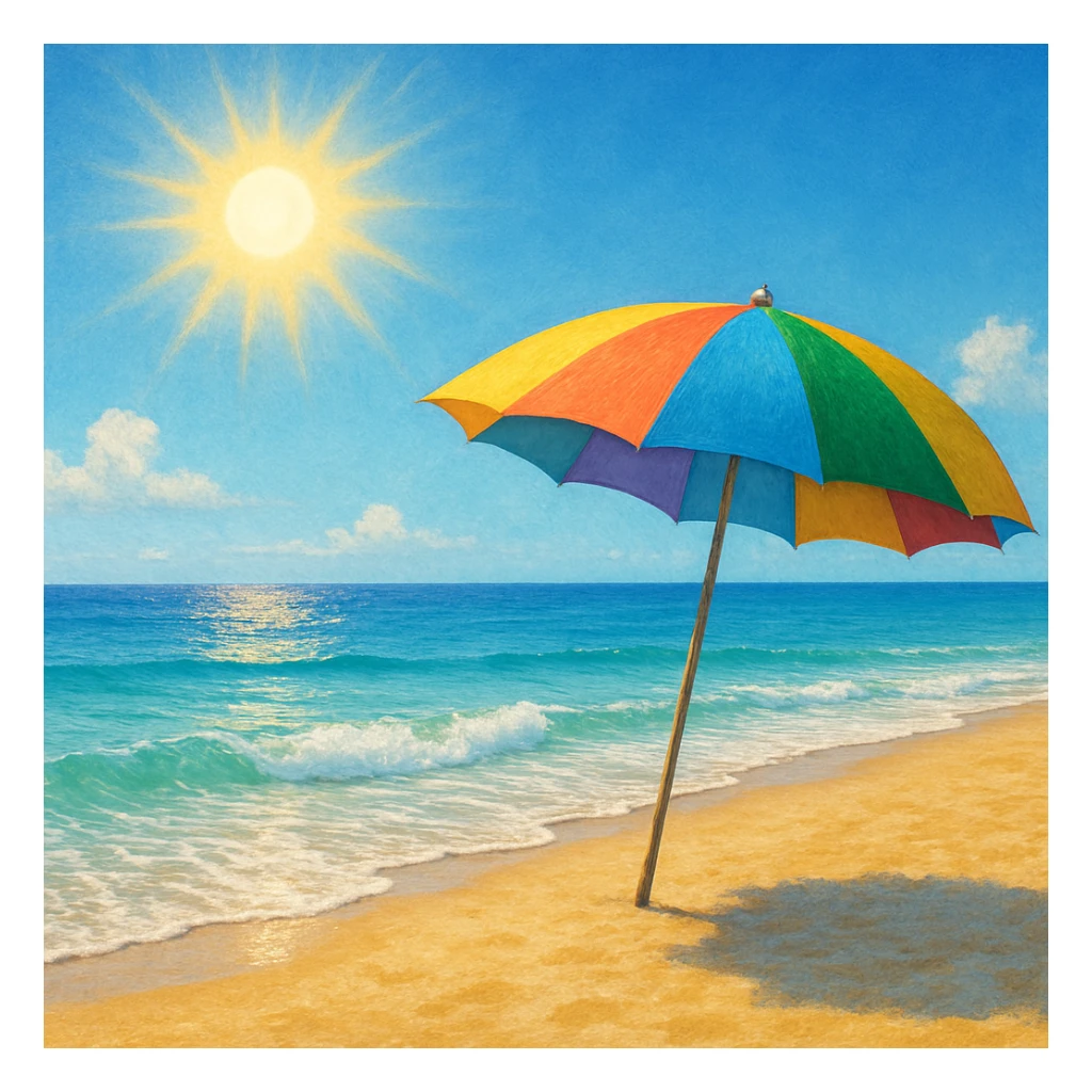 Beach weather with sun, waves, and a beach umbrella. sticker