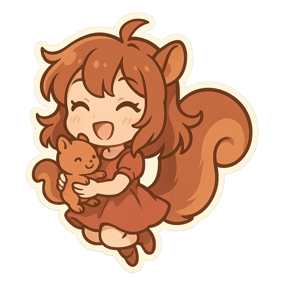 chibi stickers style squirrel girl with a bushy tail, holding a baby squirrel, energetic and happy sticker