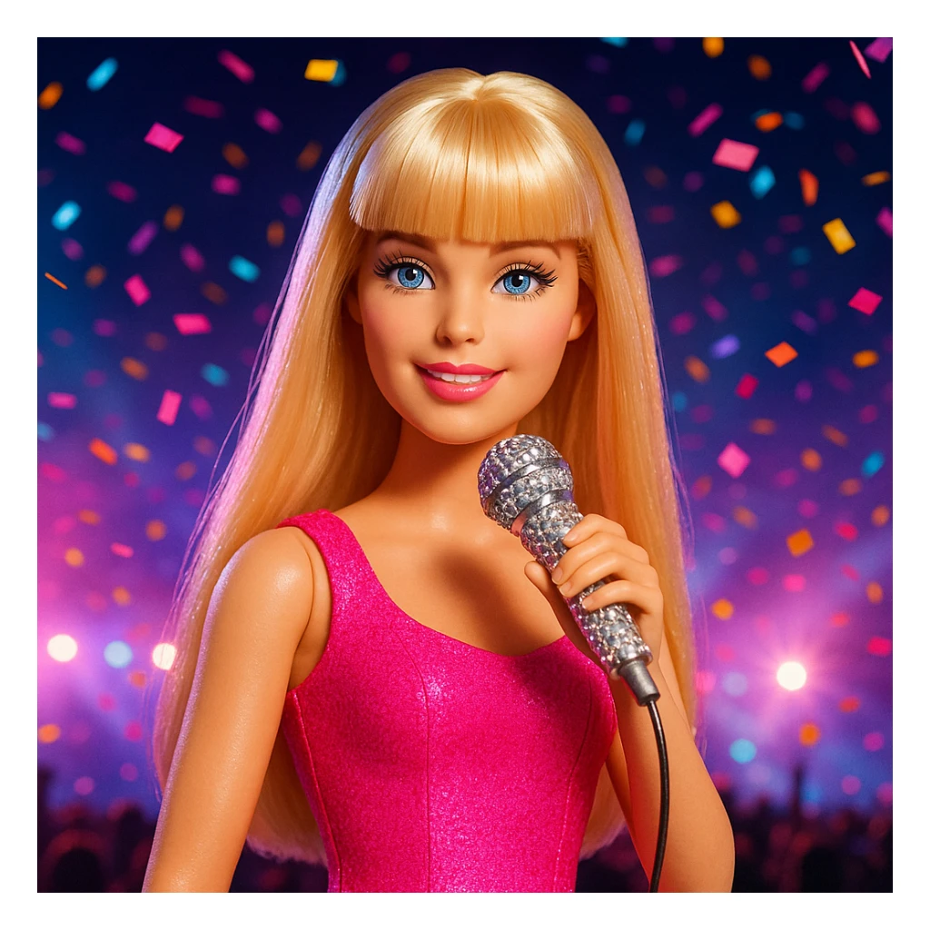 Pretty and girly Blonde pop star with bangs, holding a bedazzled microphone, reimagined as a Barbie doll, with a nighttime concert backdrop with colorful confetti sticker