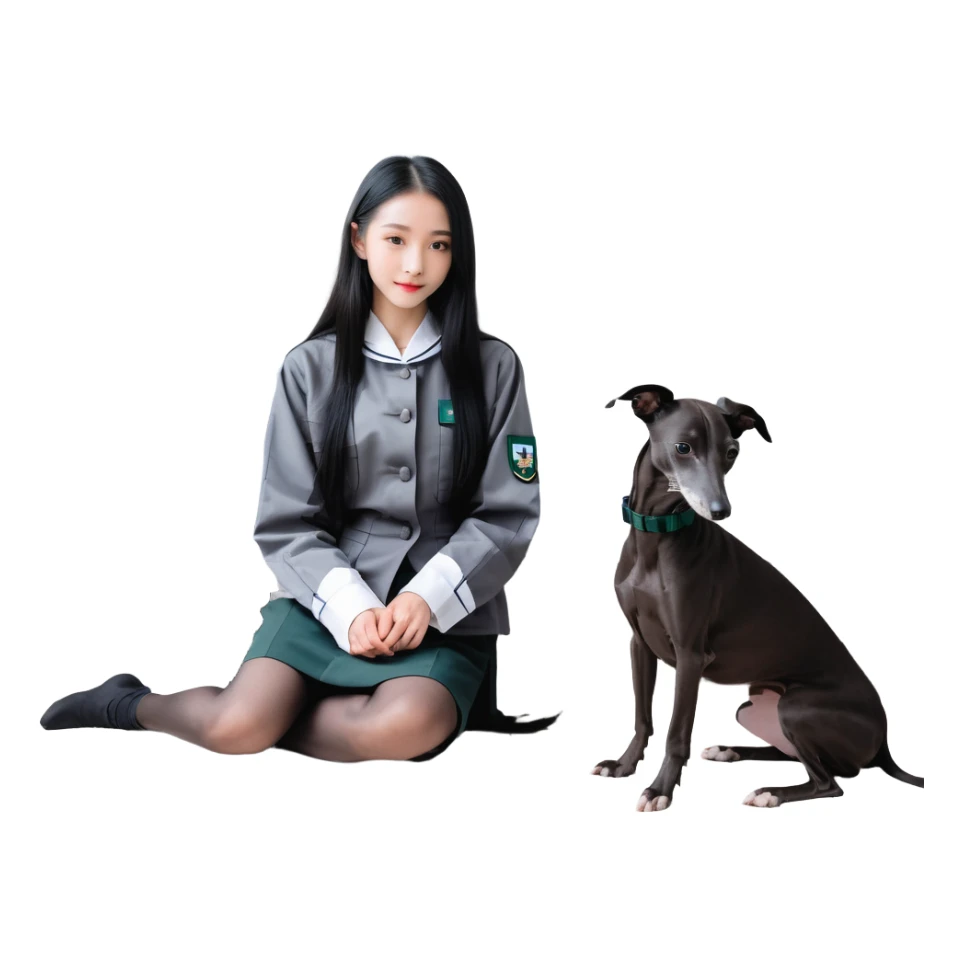 Slim Chinese girl with long black hair and her completely solid dark grey Italian greyhound in a cozy home setting, the dog has absolutely no white markings on face or nose, completely uniform grey color throughout sticker