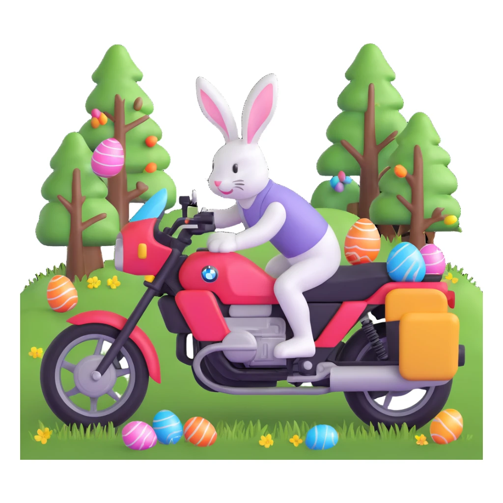 Easter bunny riding a BMW boxer motorcycle with trees and grass in the background, colorful Easter eggs hidden in the grass, and more bunnies watching from the side of the road sticker