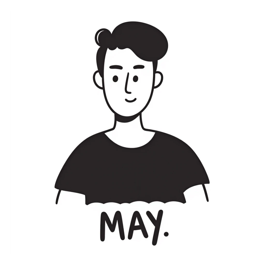 Justin Timberlake lookalike with handwritten text 'MAY' sticker