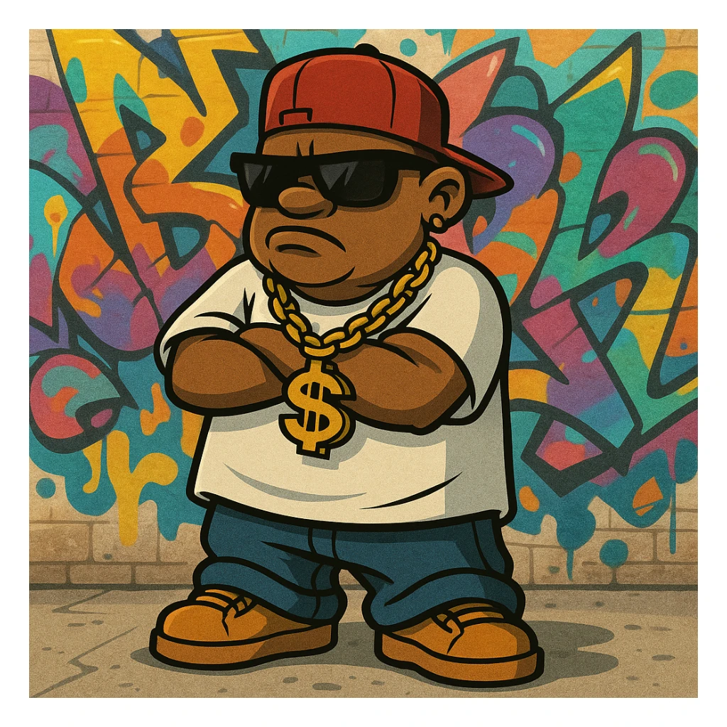 gangsta character, cartoon style, sunglasses, baggy clothes, graffiti background sticker