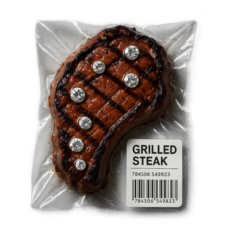 grilled steak with scattered diamonds, glossy, vacuum-sealed style sticker