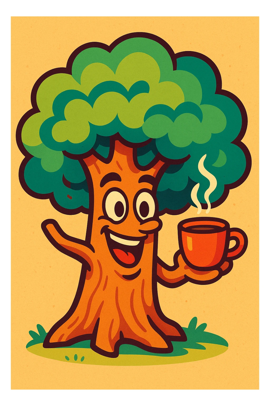 playful tree with expressive eyes, holding a coffee cup in its branch-hand, vibrant toon style sticker