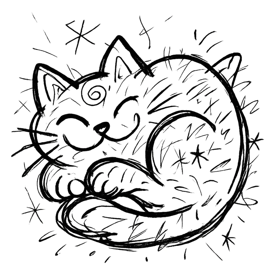 chaotic outlined icon of a cute cat curled up and purring, with exaggerated, whimsical features sticker