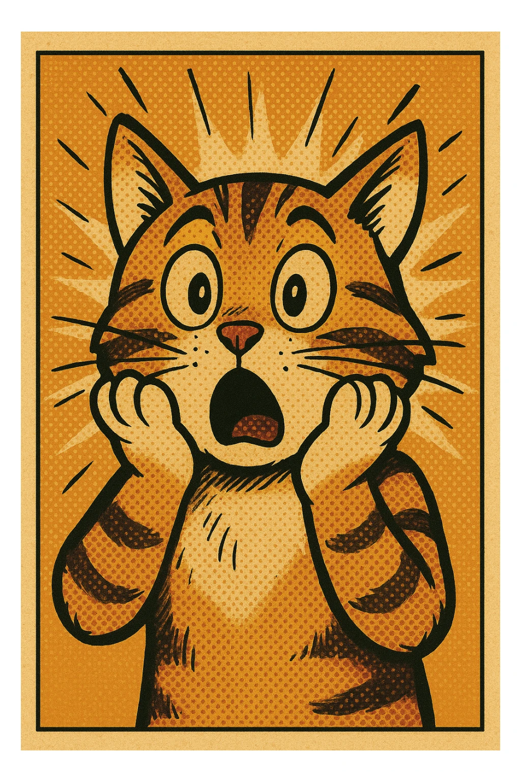 a surprised cat with paws on cheeks, comic style sticker