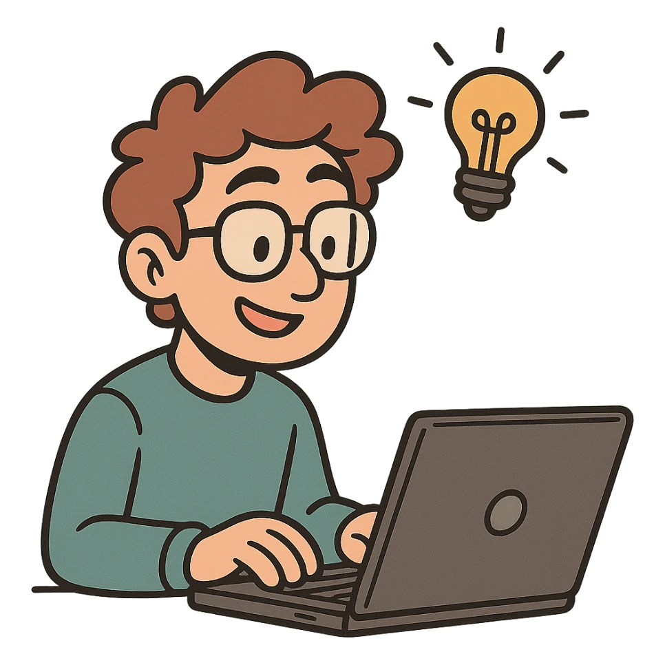 a smart coder, working on a laptop, with a lightbulb above their head, playful cartoon style sticker