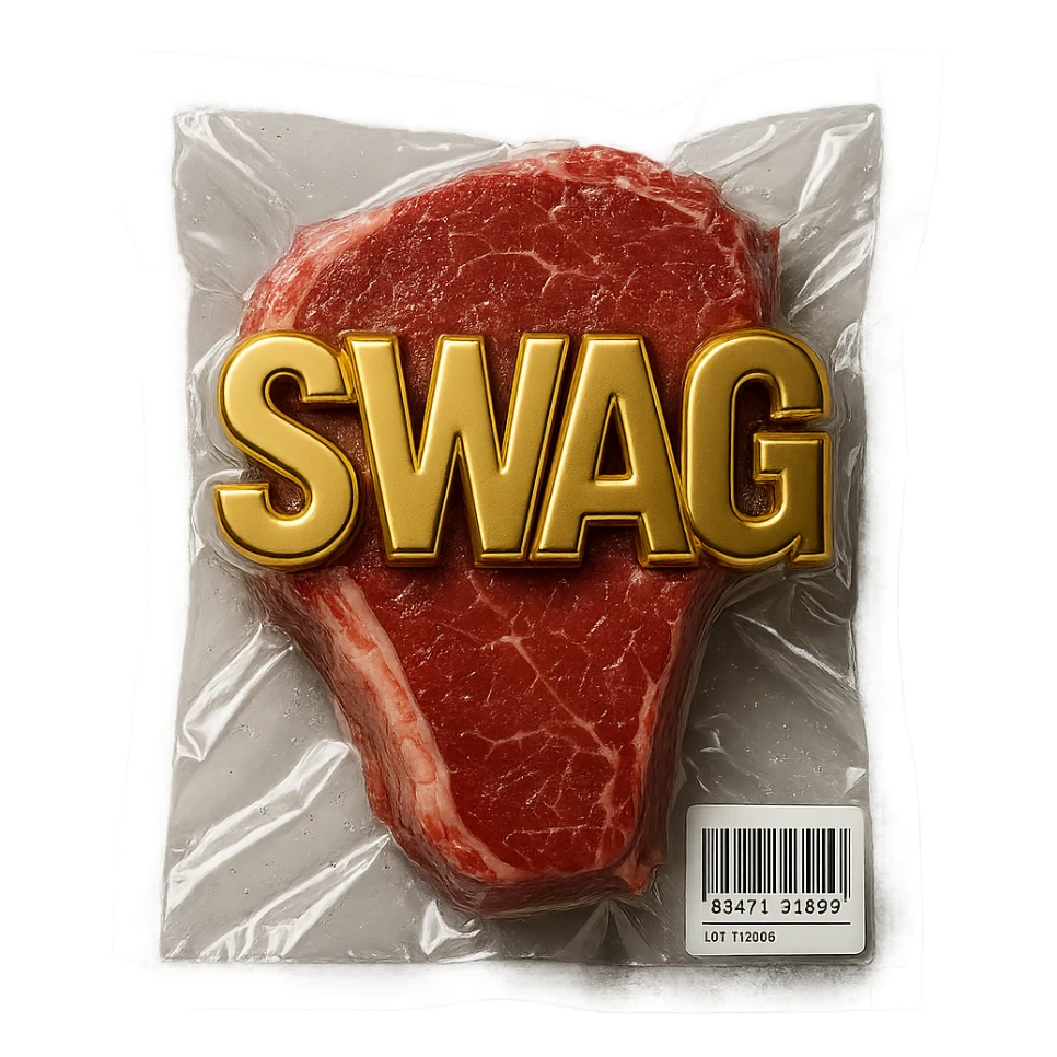 steak with gold 3D 'SWAG' text, extra shiny sticker