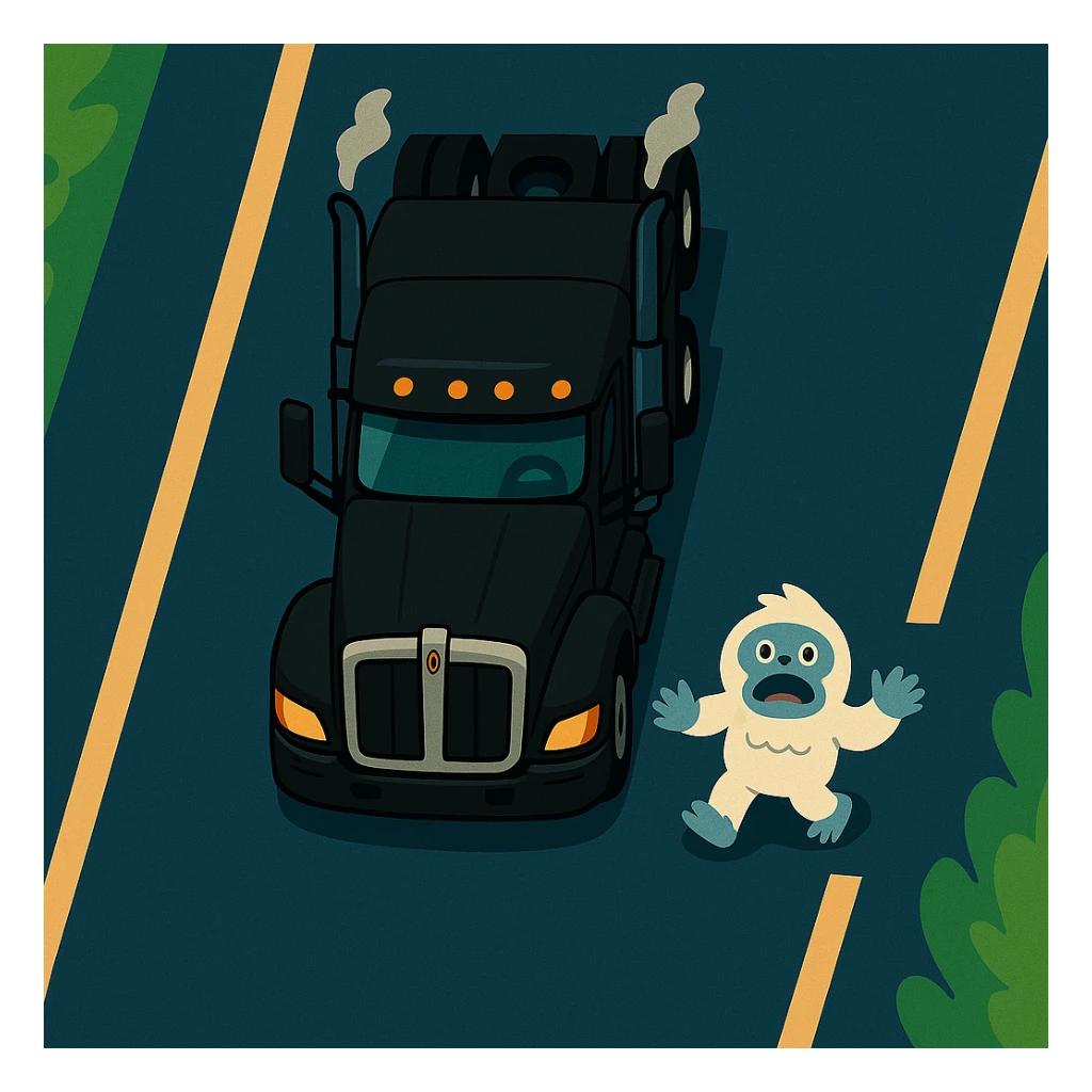 Place the small yeti (abominable snowman) on the highway in front of the modern black Kenworth W680 flat top semi sleeper, top-down animated style, no text. The style should be top-down animated, colorful and playful, with no text. sticker