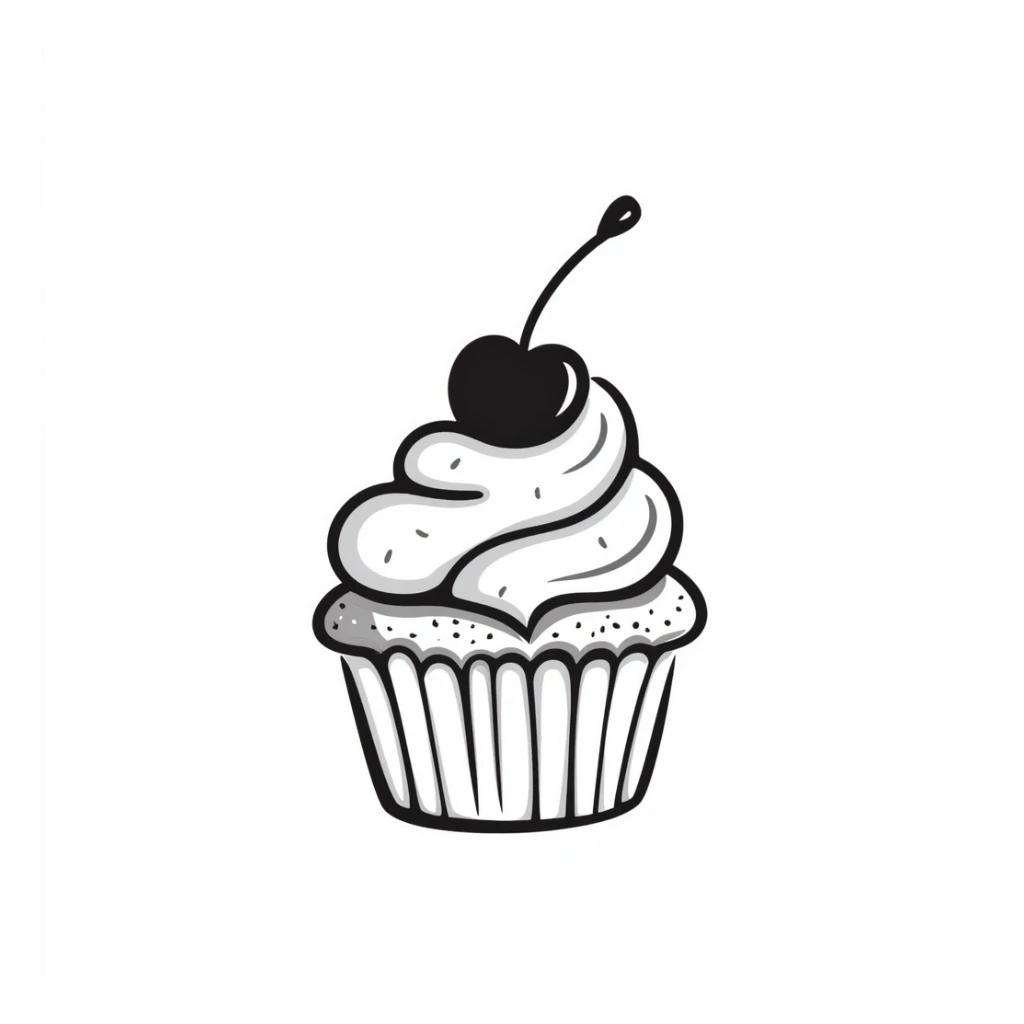 cupcake with pink icing, hand-drawn doodle style, simple lines, playful sticker
