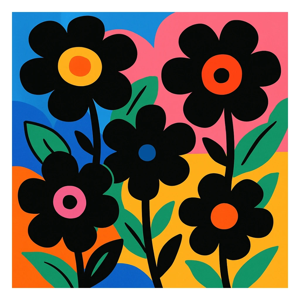 black flowers, vibrant toon style, colorful and lively sticker