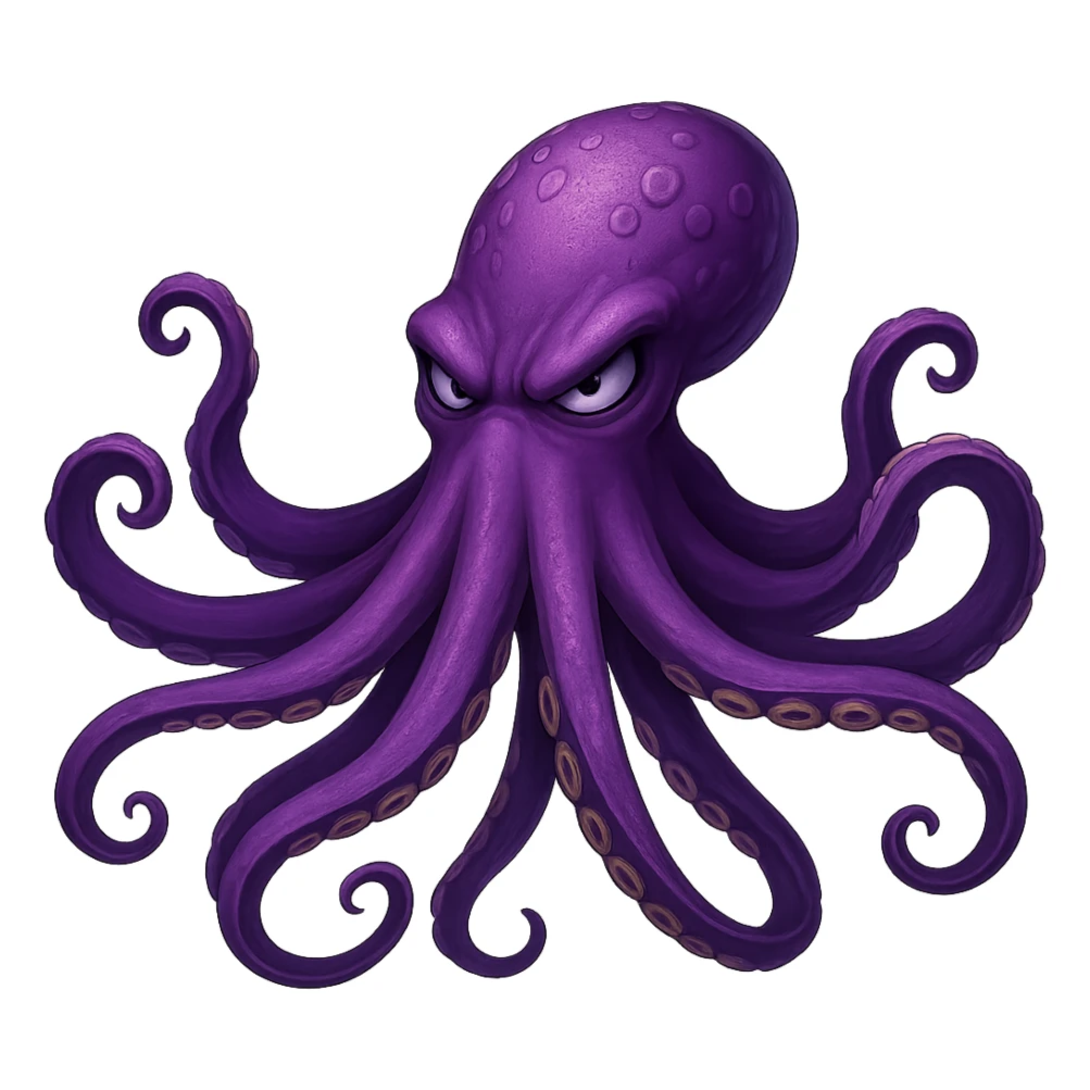 Remove the nose, make the octopus look scary, keep the purple color, with no background. Maintain the original style and details of the octopus while making it look scary and purple. sticker