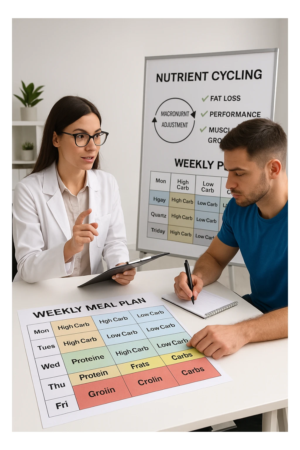 a nutritionist explains to an athlete how to cycle macronutrients for fat loss and training. On the desk, a weekly meal planner shows alternating high-carb and low-carb days, with color-coded sections for proteins, fats, and carbs. The athlete takes notes, and a chart in the background illustrates the benefits of nutrient cycling. The mood is professional and educational. scritto in italiano sticker