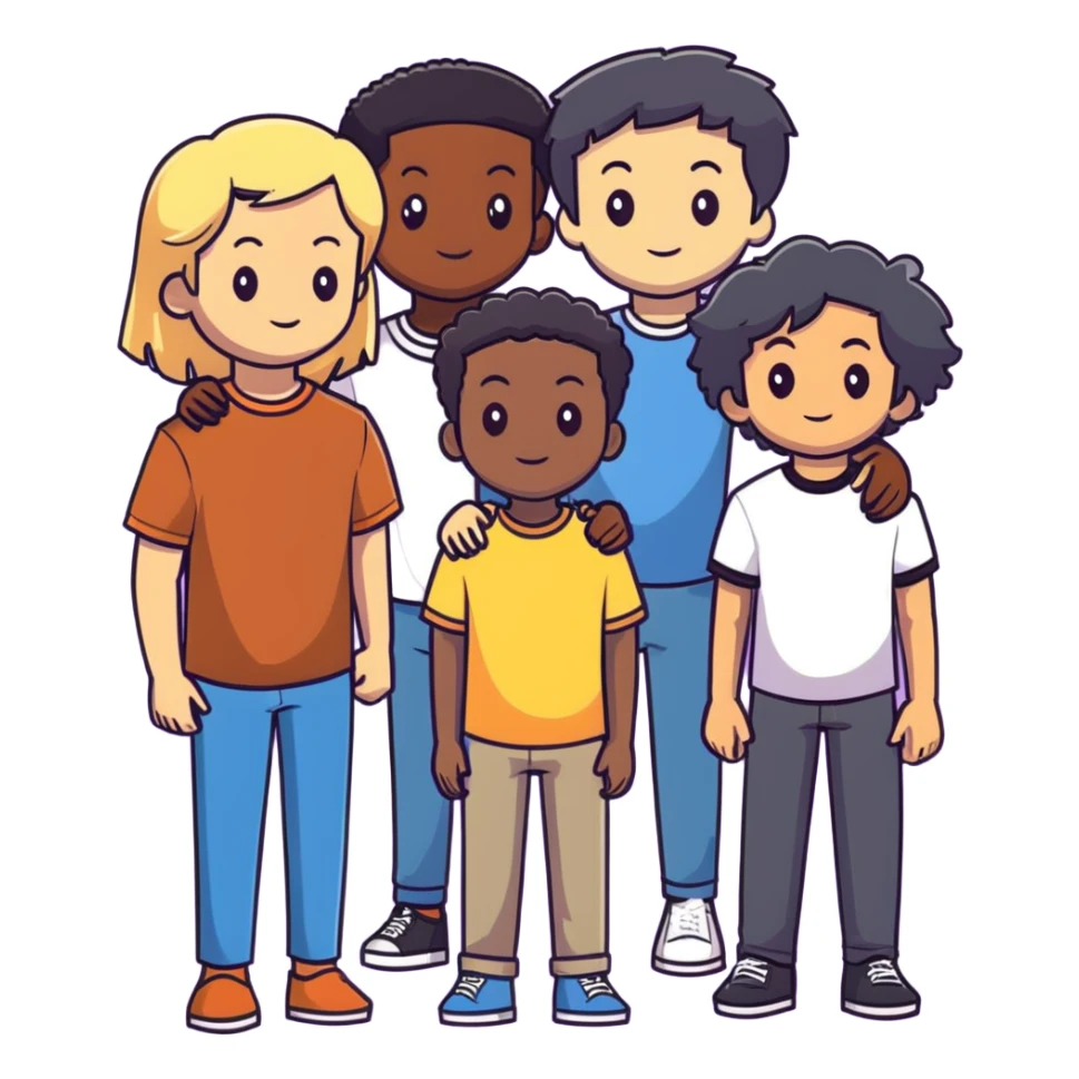 Group of diverse friends standing together, including a dark-skinned boy with straight hair, a light-skinned boy with straight blonde hair, a light-skinned girl with straight black hair, a mixed-race girl with straight brown hair, a light-skinned boy with wavy black hair, a mixed-race girl with dark curly hair, and in the center a light-skinned girl with wavy brown hair sticker