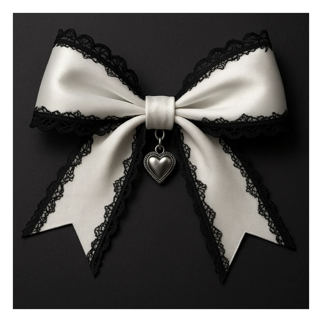 Edit the image to depict a white gothic bow with black lace trim and a heart charm in a general style. sticker