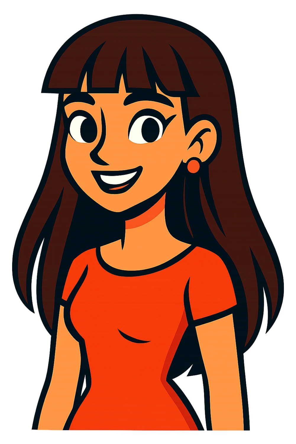 chica morena linda con cabello largo y fleco, vibrant cartoon style sticker