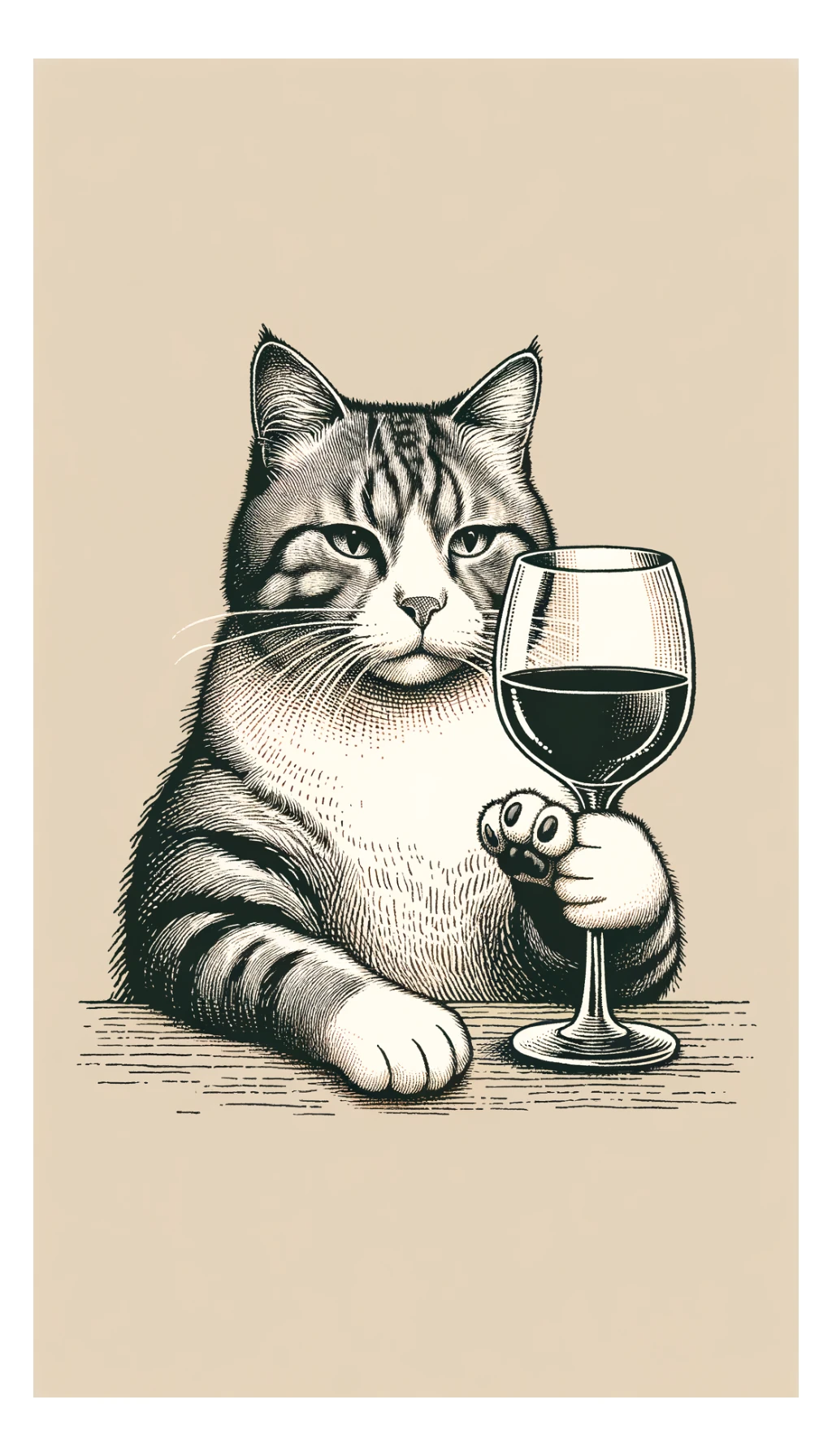 кот с бокалом вина в лапе в нарисованном стиле с нейтральным фоном sticker