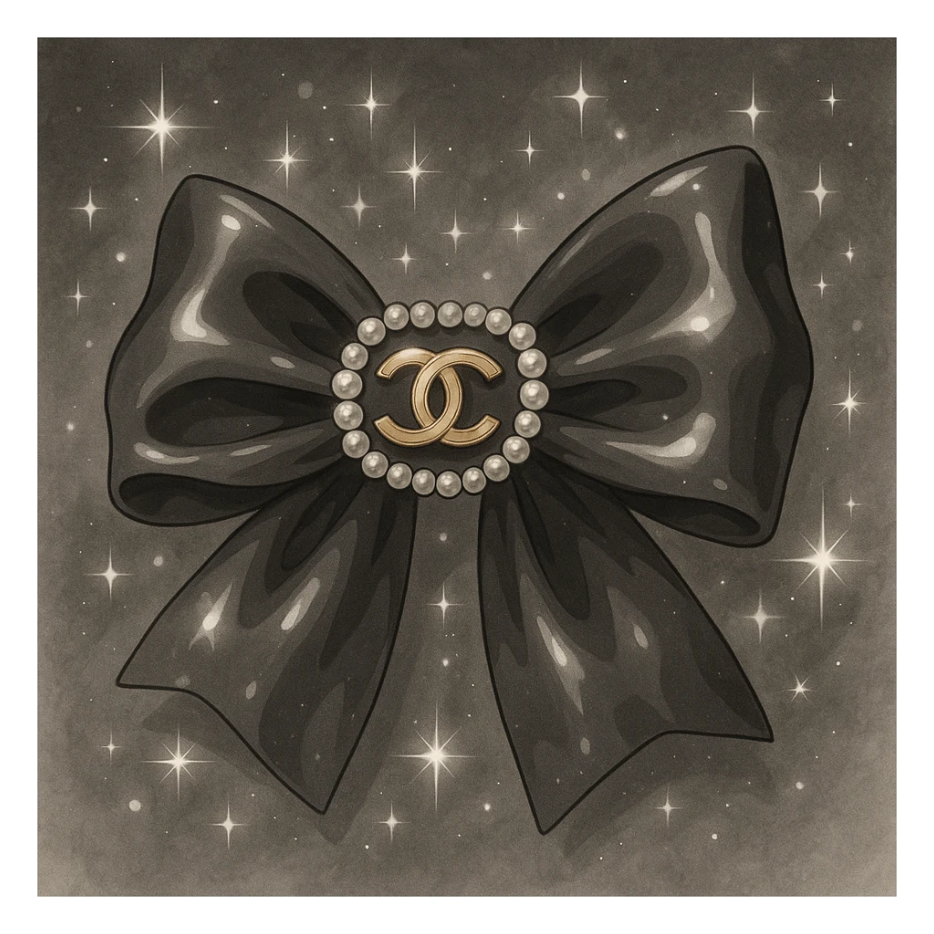 elegant bow with pearls and gold Chanel logo, sparkling effects, glossy, monochrome sticker
