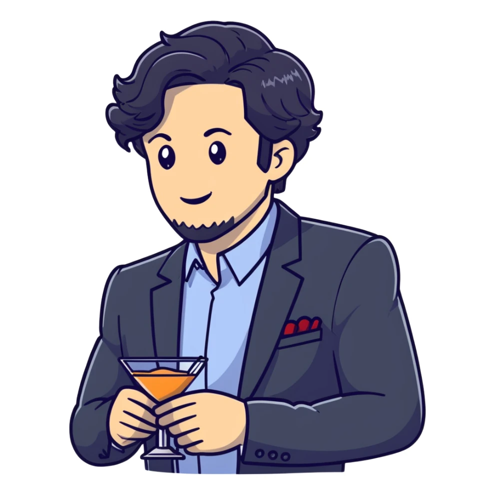 Management educator with black wavy hair, stubble, strong features, white skin, smart casual attire, mingling at a business networking reception, engaged in dynamic conversation with other professionals, cocktail event setting sticker
