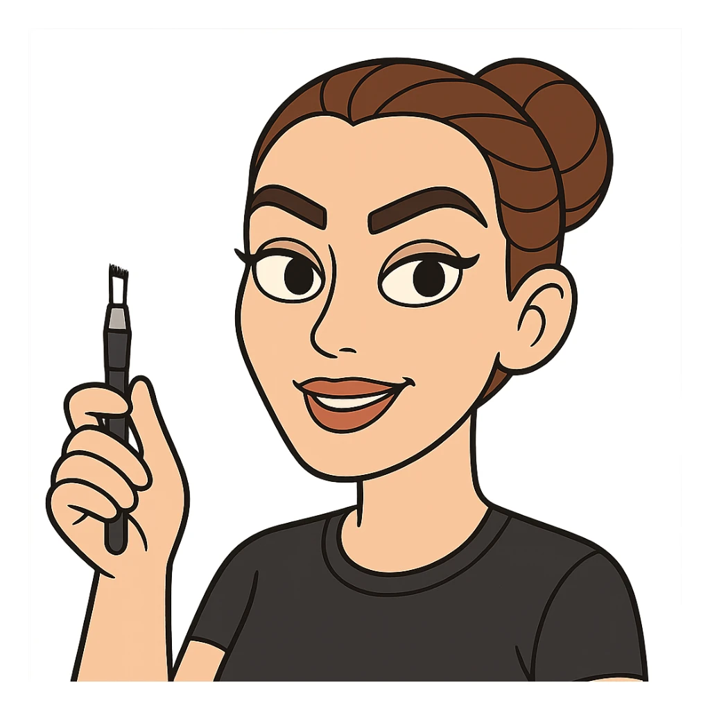 cartoon style microblading artist close-up of face with perfectly shaped brows holding tool sticker