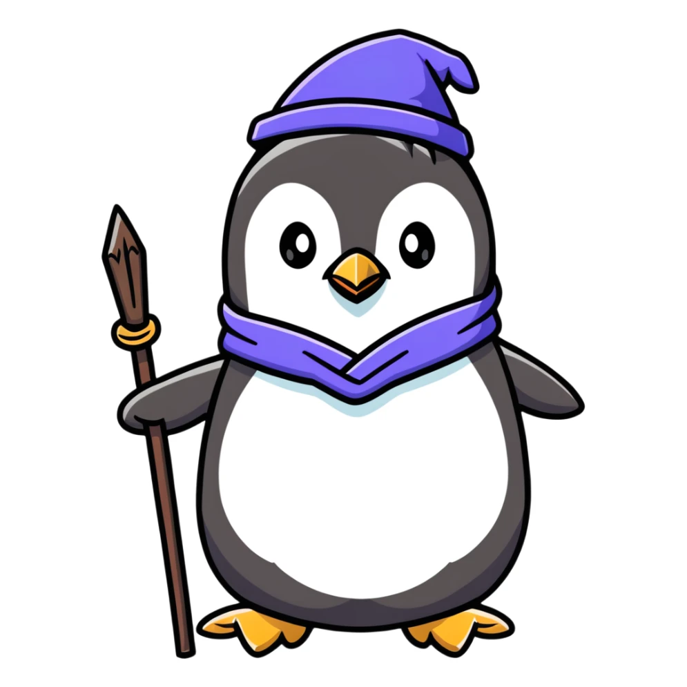 penguin wizard with a magical staff and wizard robe sticker
