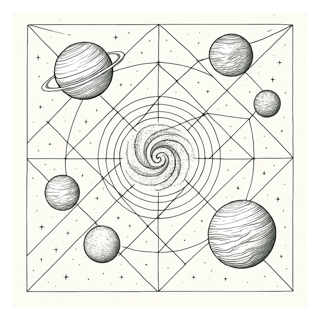a design for an decorative black and white map, showing linework of galactic planets and a galactic ley lines. matrix map. black linework. neat and minimal design

 sticker