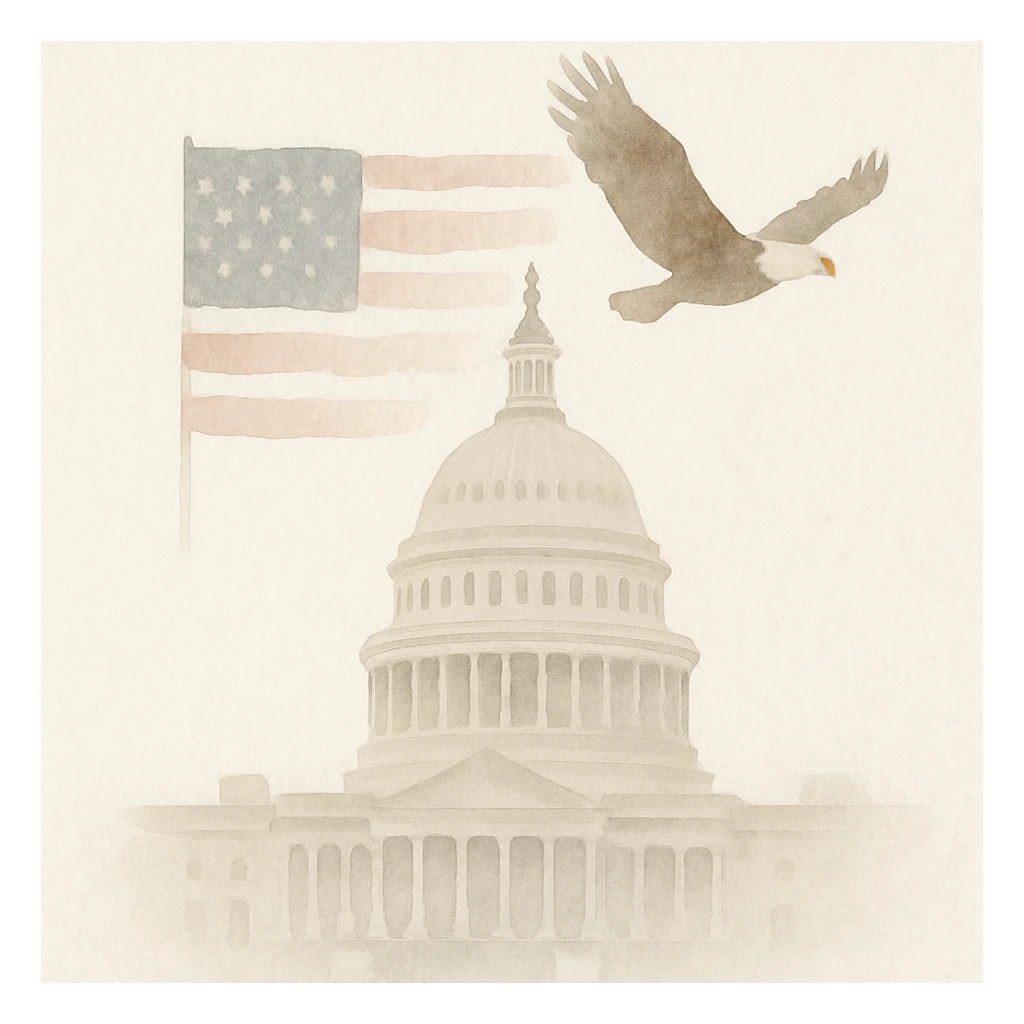 the US Capitol building, US flag in the background, eagle flying, painterly illustration style sticker